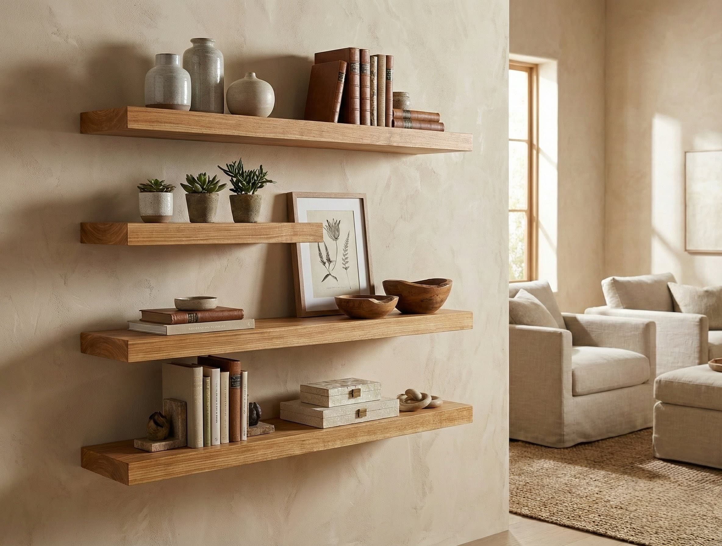 Floating shelves in modern living space